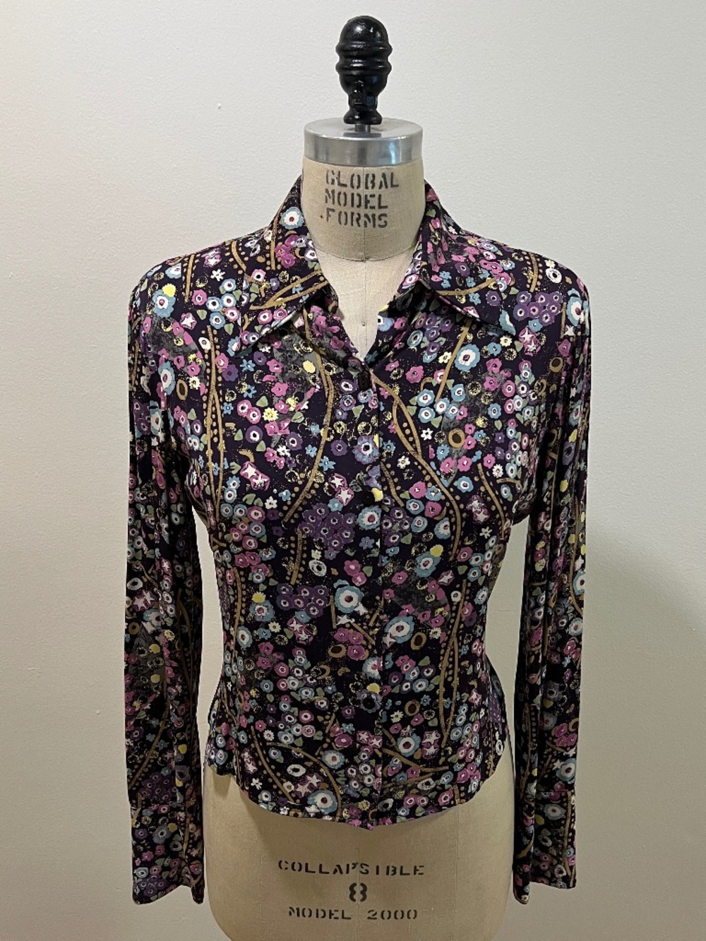 VTG Women's Diane von Furstenberg Y2K Purple Silk Floral Button-Up Blouse, Sz 8